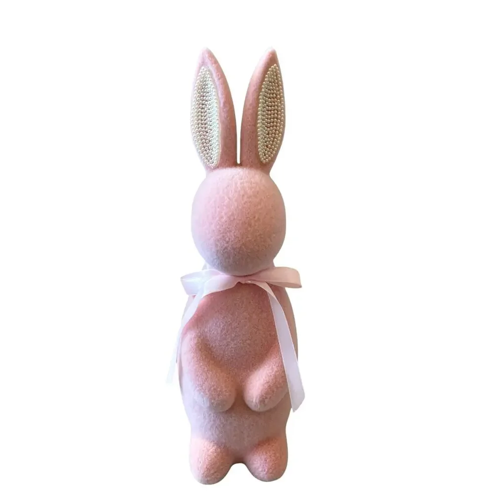 SPRING GATHERINGS 15in Pink Flocked Bunny With Faux Pearl Ears & Ribbon New